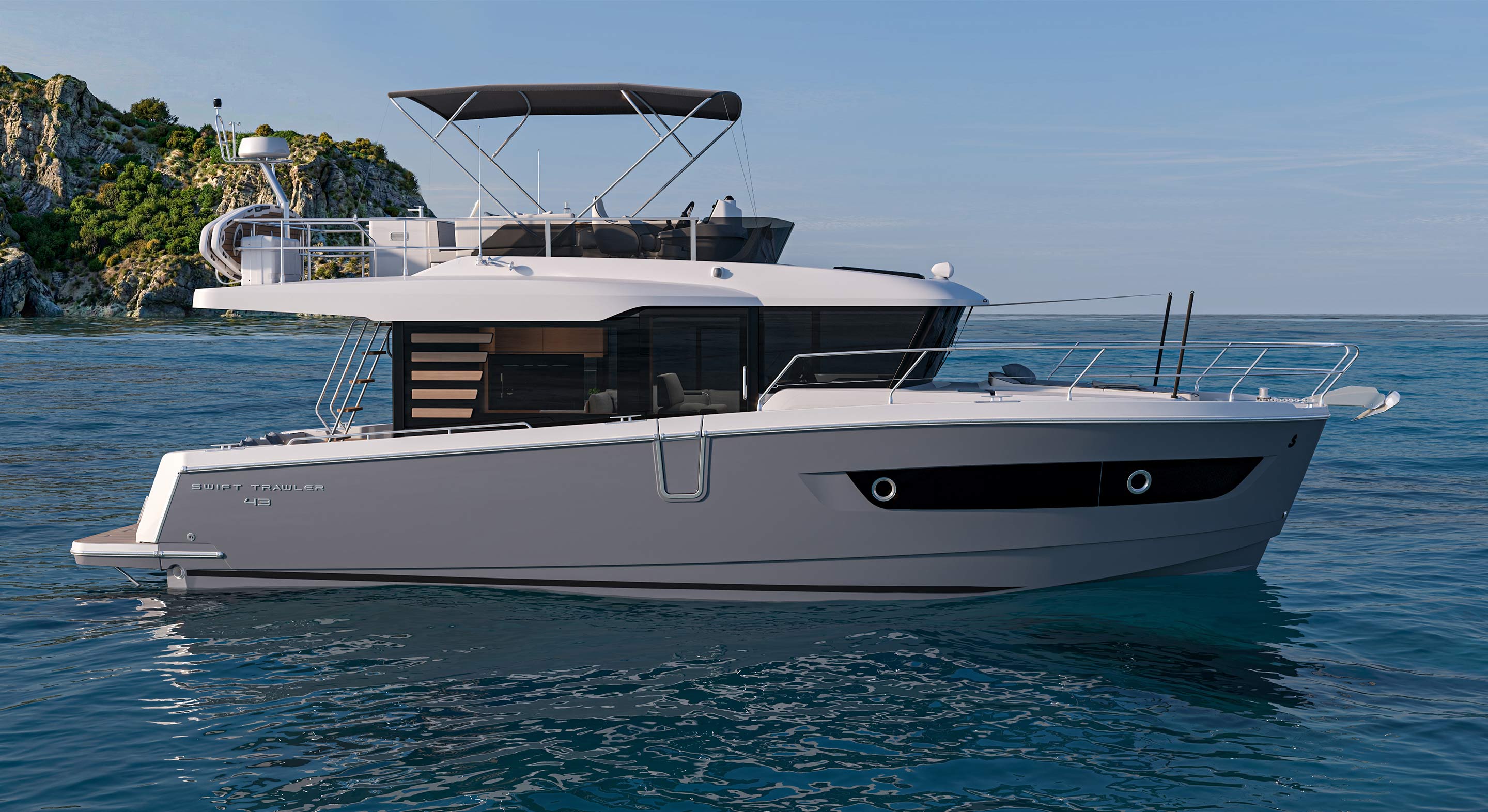 Beneteau Swift Trawler 43 Fly: новинка Cannes 2026, цена от 575 000 €, размеры, флайбридж и планировка Beneteau Swift Trawler 43 Fly на воде, вид сбоку