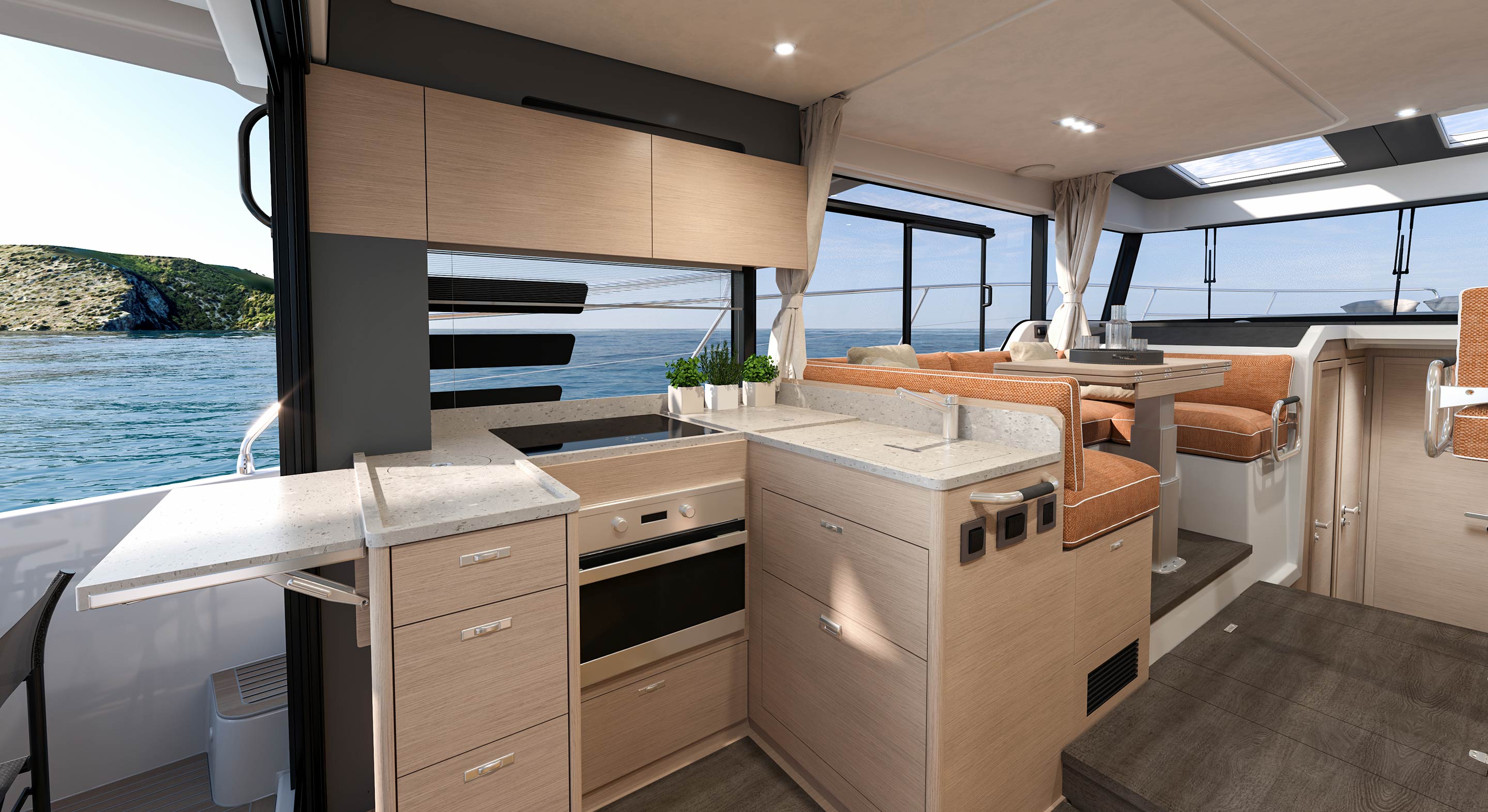 Beneteau Swift Trawler 43 Fly: новинка Cannes 2026, цена от 575 000 €, размеры, флайбридж и планировка Салон и камбуз Swift Trawler 43 Fly